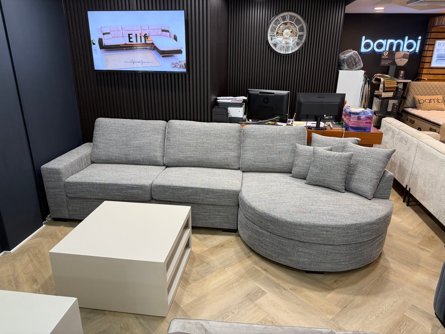 Japandi Rond Loungebank – Grijs Gewevenstof